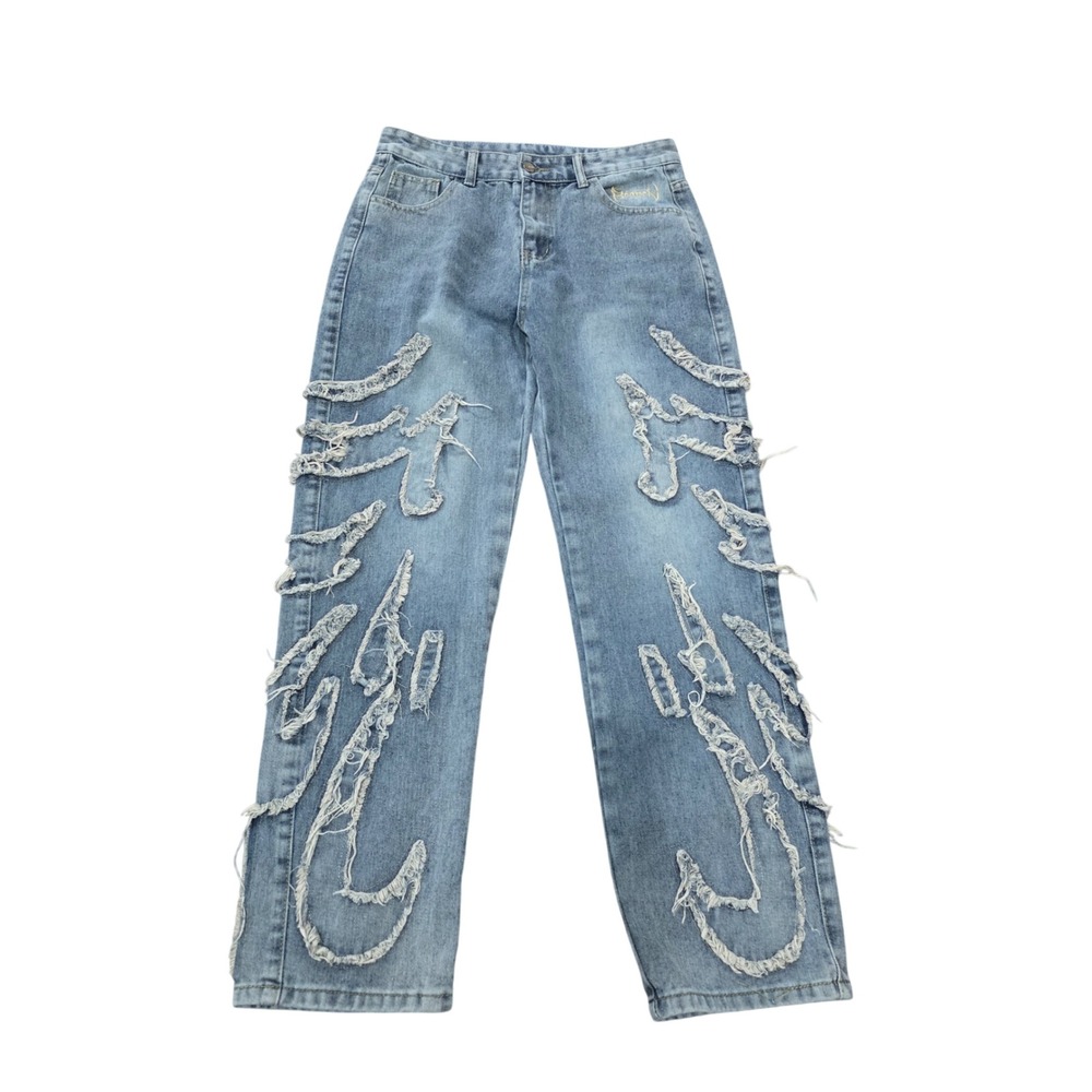 Heaven Y2K Distressed Frayed Patchwork Jeans Light Wash Streetwear Mens Size M